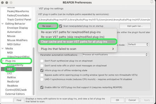 Reaper preferences - Clear Cache and rescan to make the plug-ins appear
