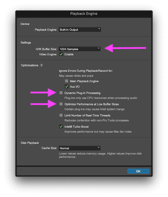 Pro Tools playback engine settings to prevent the AAE-9173 error