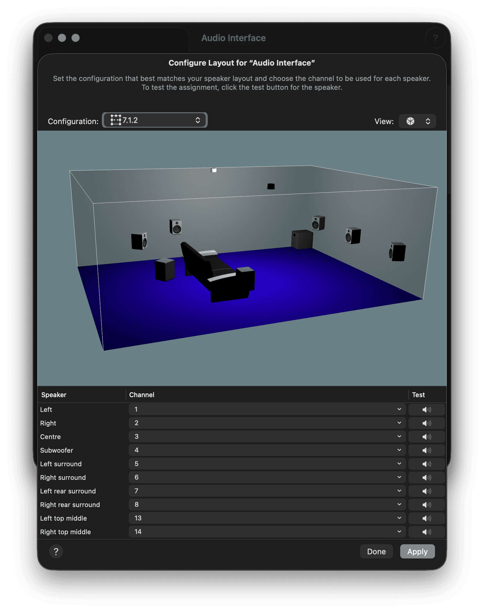 configure speakers for 7.1.2 Dolby Atmos output in audio midi setup
