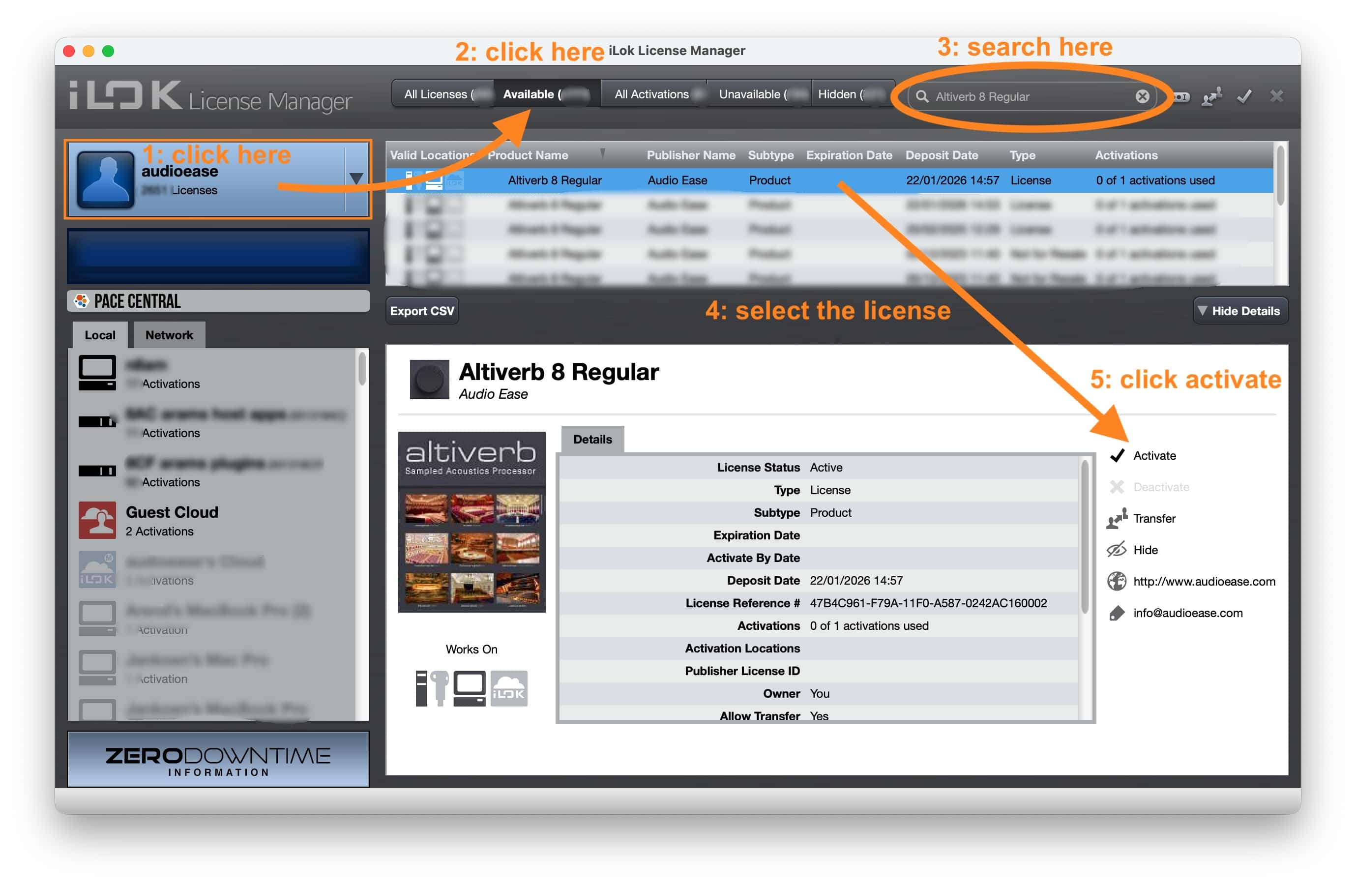 How to activate Altiverb 8 license in the ilok license manager application