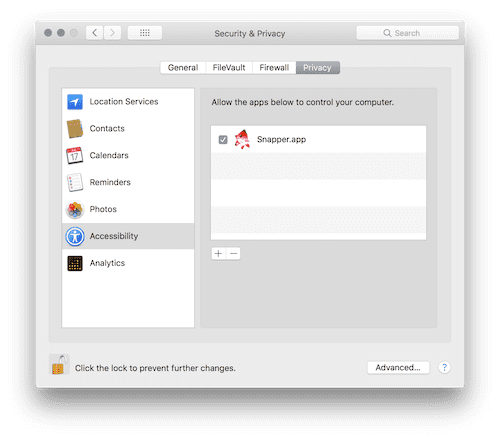 snapper 2 vital macos system setting in security and privacy panel