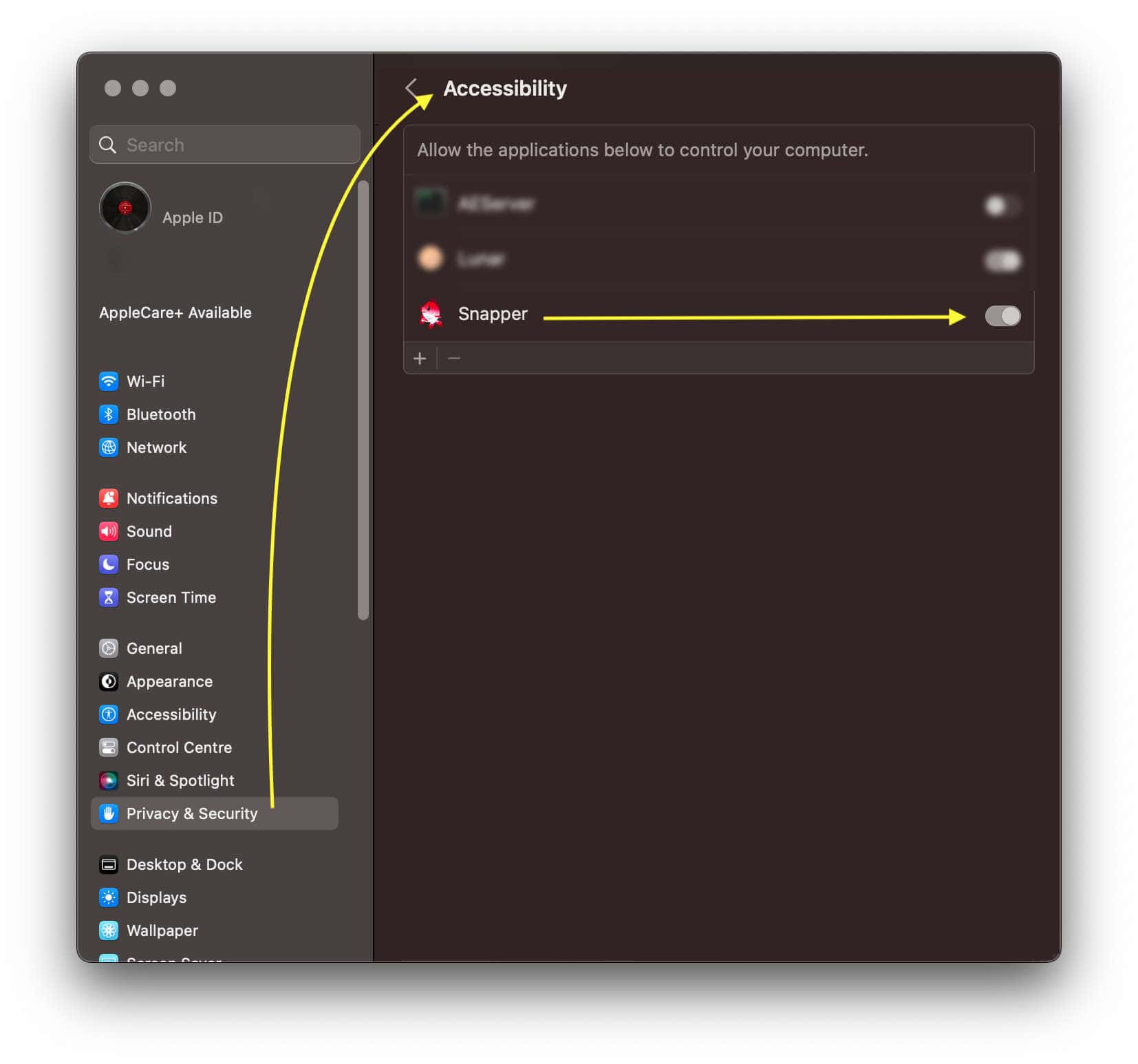 snapper 3 vital macos system setting in privacy and security panel accessibility
