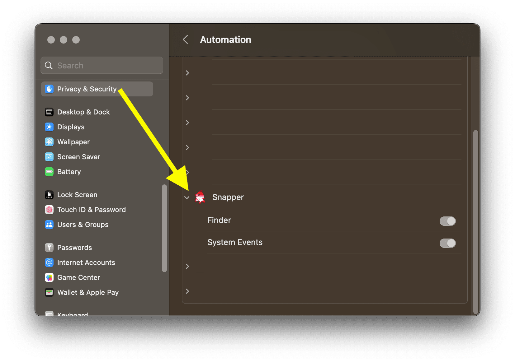 snapper 3 vital macos system setting in privacy and security panel automation