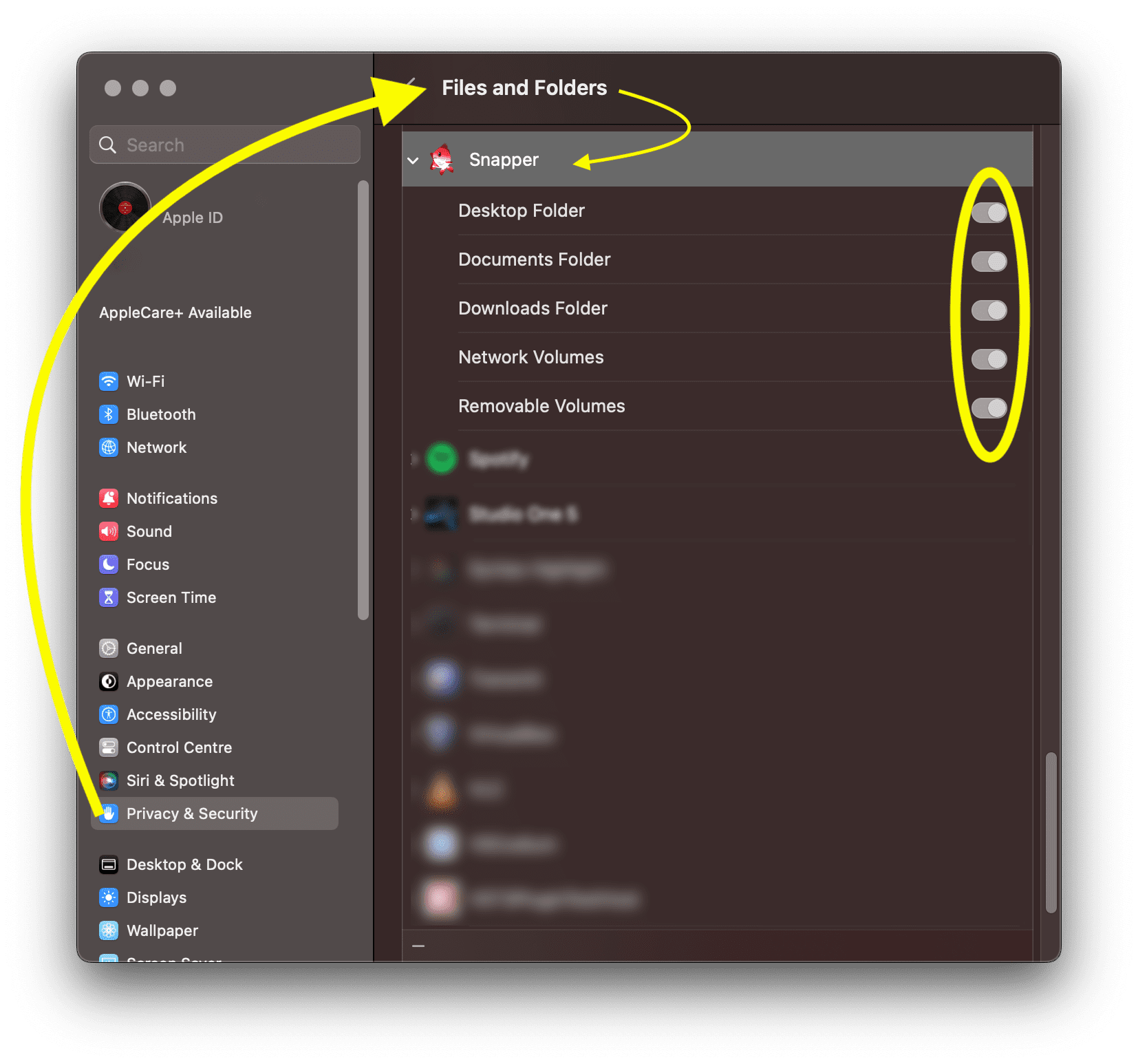 snapper 3 vital macos system setting in privacy and security panel files and folders