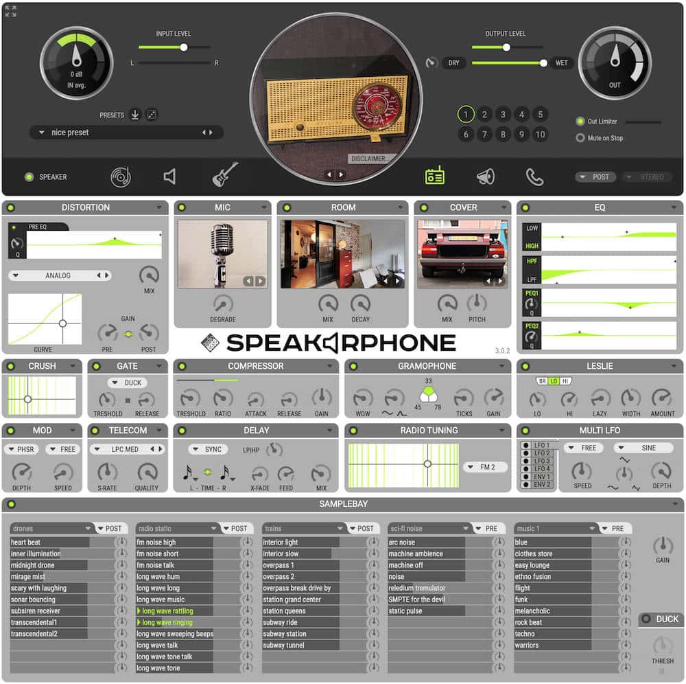 Speakerphone 3 user interface showing nice preset with all modules turned ON